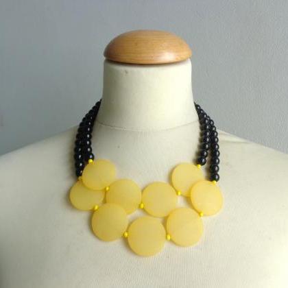 Chunky Yellow Black Necklace, Double Strand..