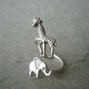 Silver Elephant Giraffe Ring Wrap Style,..