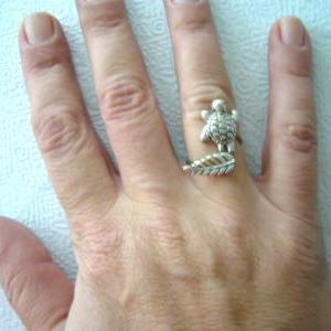Silver Turtle Ring With A Leaf, Wrap Open Style,..