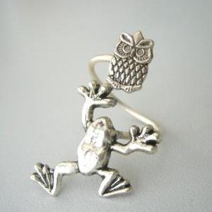 Silver Owl Frog Ring Wrap Ring, Adjustable Ring,..