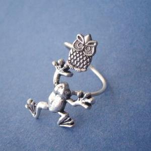 Silver Owl Frog Ring Wrap Ring, Adjustable Ring,..