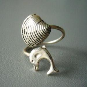 Silver Dolphin Ring With A Shell, Wrap Open Style,..