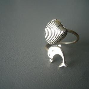 Silver Dolphin Ring With A Shell, Wrap Open Style,..