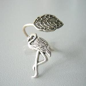 Silver Flamingo Ring With A Leaf Wrap Ring,..