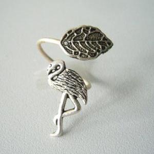 Silver Flamingo Ring With A Leaf Wrap Ring,..