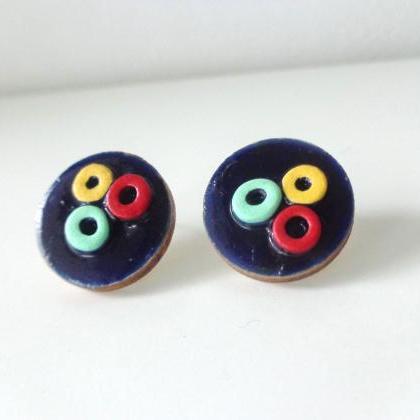 Blue Red Mint Yellow Round Stud Earrings