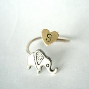 Silver Elephant Personalized Initial Ring,..