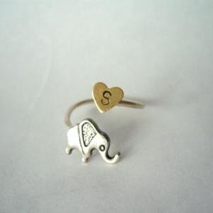 Silver Elephant Personalized Initial Ring,..