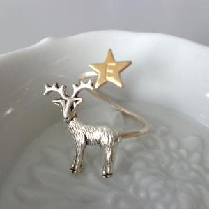 Silver Reindeer Ring, Personalized Initial Ring,..