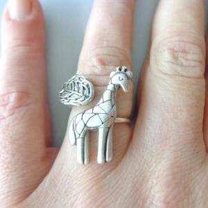 Silver Giraffe Ring With A Leaf Wrap Ring,..