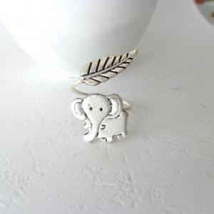 Silver Elephant Ring With A Leaf Wrap Ring,..