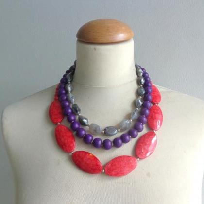 Blue Grey Red Necklace, Chunky Necklace, Statement..