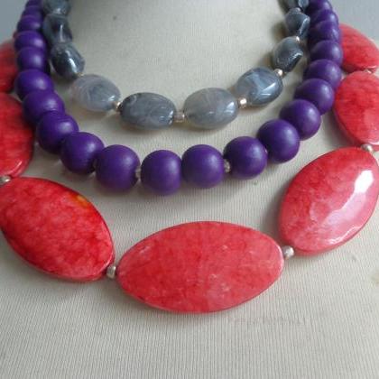 Blue Grey Red Necklace, Chunky Necklace, Statement..
