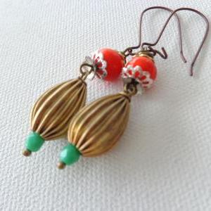 Red Dangle Brass Earrings, Mint