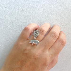 Owl And Pig Ring, Adjustable Ring