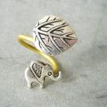 Silver Elephant Ring With A Leaf, Adjustable Ring,..