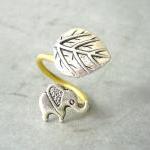 Silver Elephant Ring With A Leaf, Adjustable Ring,..