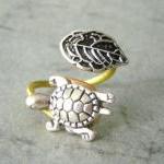 Turtle Wrap Ring With A Leaf, Adjustable Ring,..