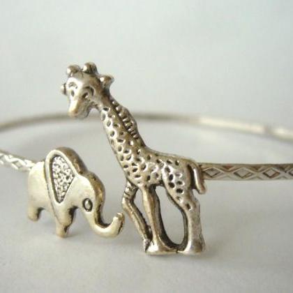Giraffe Elephant Silver Bracelet Wrap