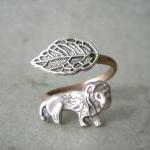 Silver Lion Wrap Ring, Adjustable Ring, Animal..