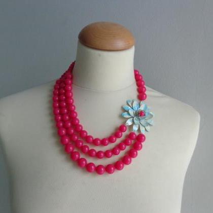 Warm Pink Turquoise Statement Necklace With..