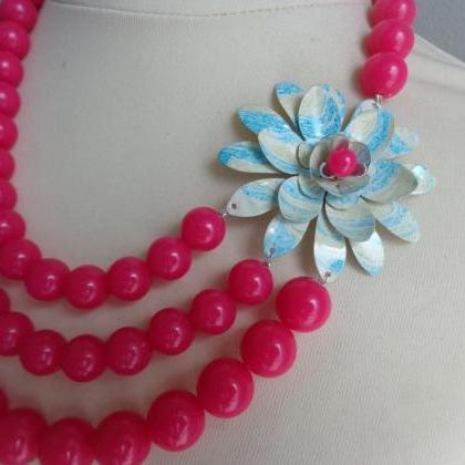 Warm Pink Turquoise Statement Necklace With..
