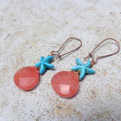 Pink Quartz Starshell Turquoise Nautical Earrings