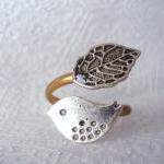 Silver Bird Ring With A Leaf Open Wrap Style,..