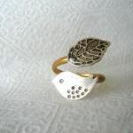 Silver Bird Ring With A Leaf Open Wrap Style,..