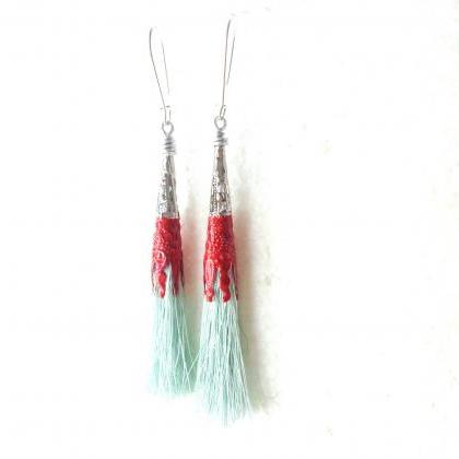 Mint Red Tassel Long Earrings Filigree Earrings..