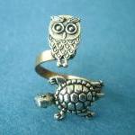Silver Turtle Ring With An Owl, Wrap Ring,..