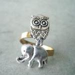 Owl And Elephant Ring, Adjustable Ring, Animal..