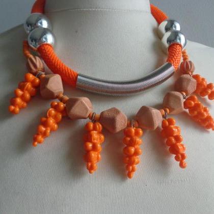 Tribal Orange Statement Colorful Necklace Rope..