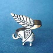 Silver elephant ring with a leaf wrap ring, adjustable ring, animal ring