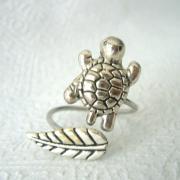 silver turtle ring with a leaf, wrap open style