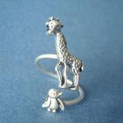 silver penguin giraffe ring wrap style, adjustable ring, animal ring