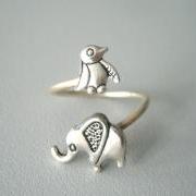 silver penguin elephant ring wrap style, adjustable ring, animal ring