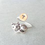 cat ring, personalized ring, adjustable ring, animal ring, initials ring