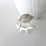 Silver fox ring with a leaf wrap ring, adjustable ring, animal ring