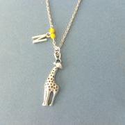 Silver giraffe pendant necklace, personalized, initial yellow