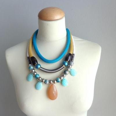 Tribal statement colorful necklace turquoise black mint bronze