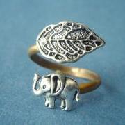 Silver elephant ring with a leaf wrap ring