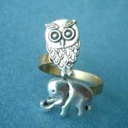owl and elephant ring, adjustable ring, animal ring