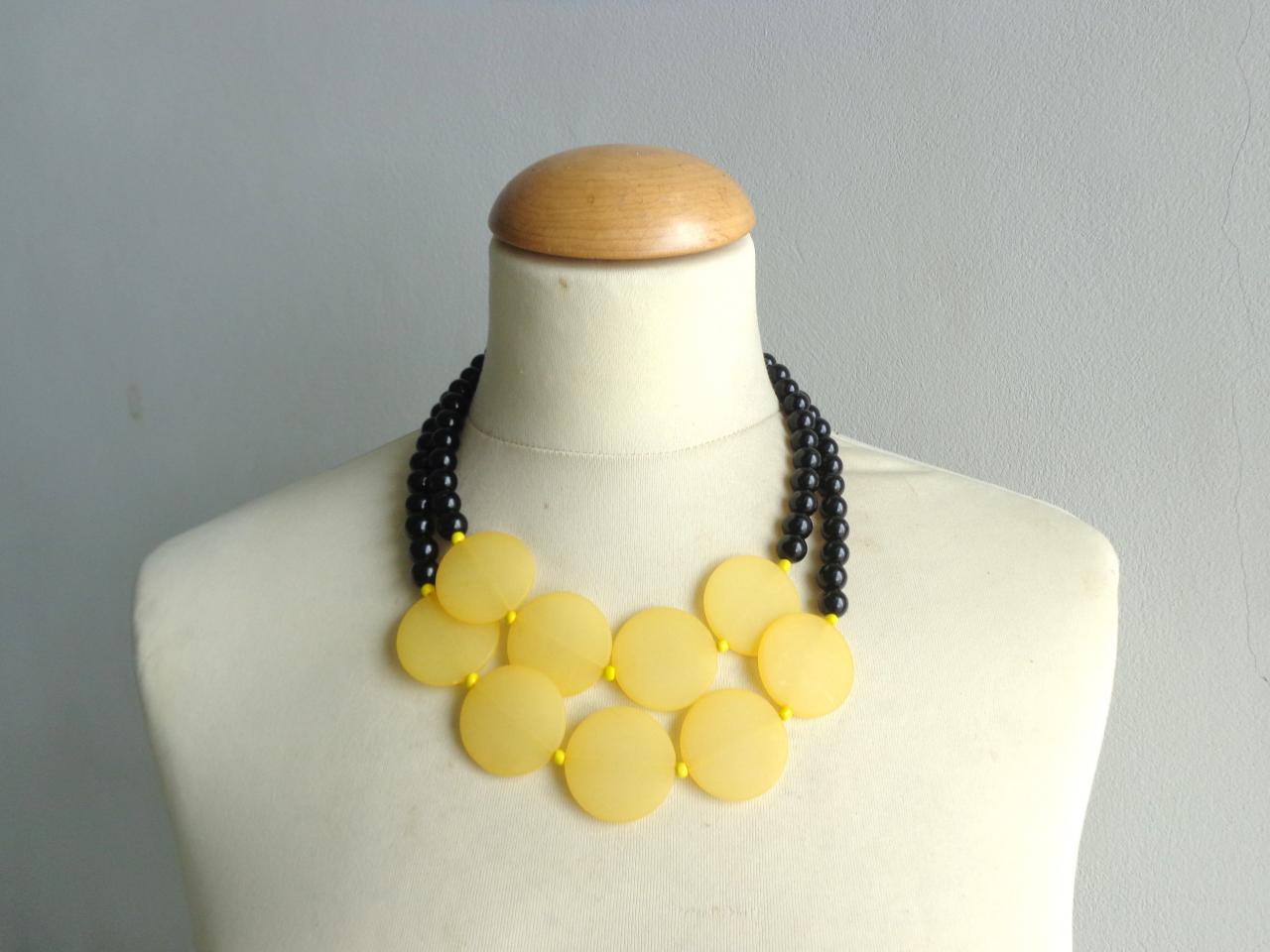 Chunky Yellow Black Necklace, Double Strand Necklace, Yellow Necklace