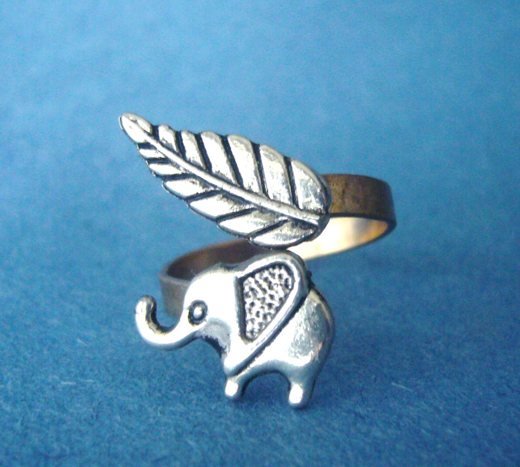 Silver Elephant Ring With A Leaf Wrap Ring, Adjustable Ring, Animal Ring