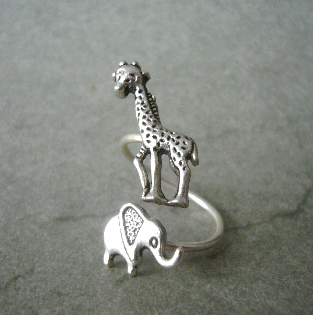 Silver Elephant Giraffe Ring Wrap Style, Adjustable Ring, Animal Ring