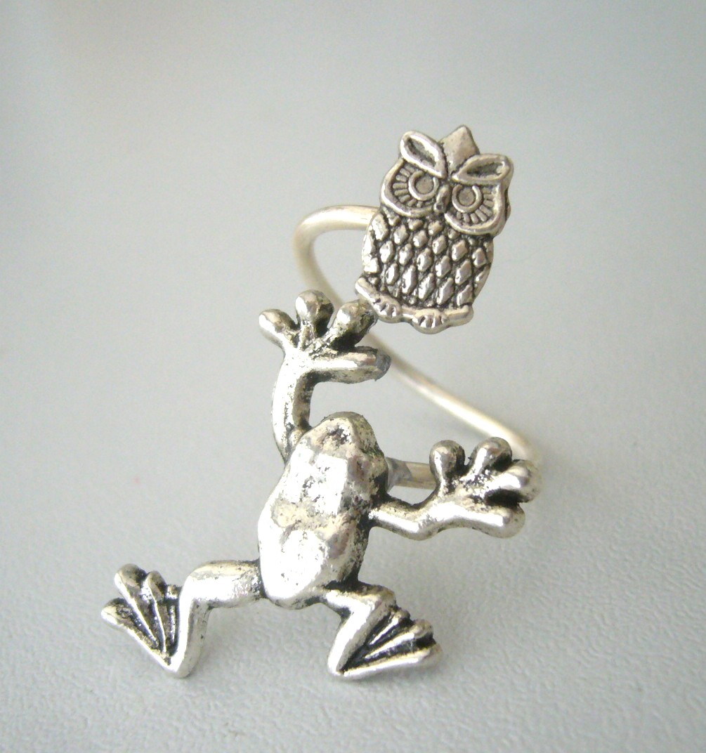Silver Owl Frog Ring Wrap Ring, Adjustable Ring, Animal Ring