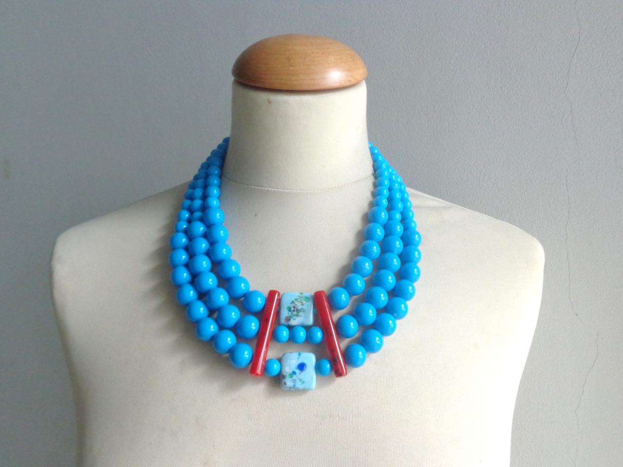 Handmade Blue Three Layer Glass Bead Statement Necklace