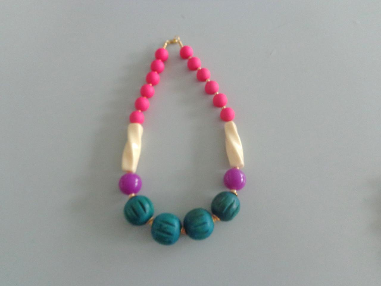 Candy Chunky Necklace. Colorful Necklace, Pink Teal Ivory Necklace