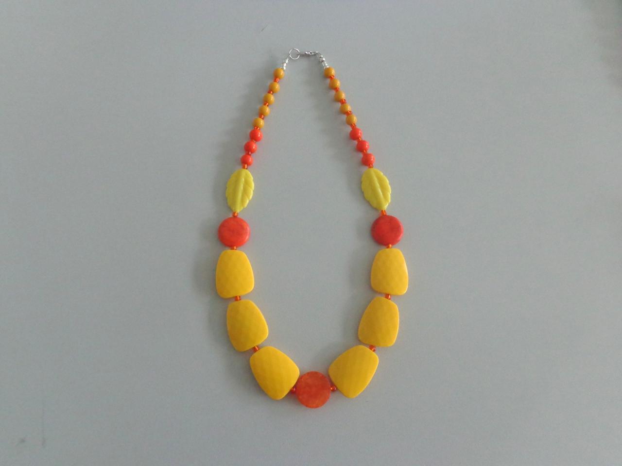 Yellow And Orange Chunky Bead Statement Necklace